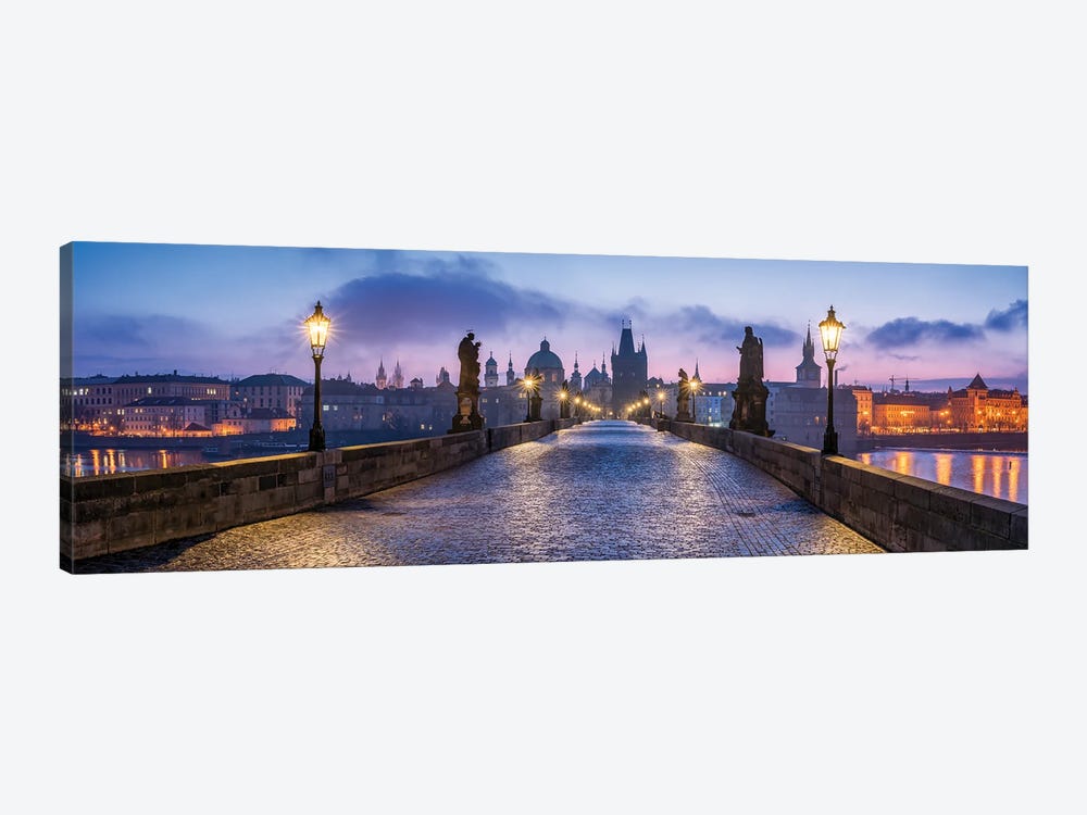 Panoramic View Of The Charles Bridge In Prague At Dusk, Czech Republic by Jan Becke 1-piece Canvas Art Print