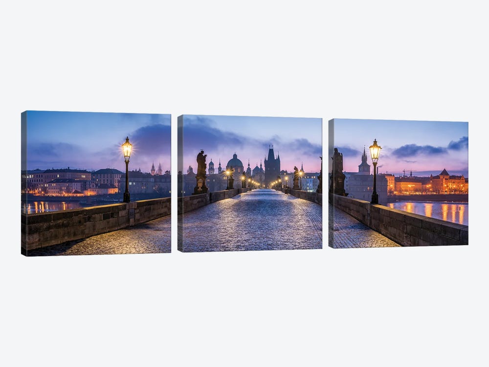 Panoramic View Of The Charles Bridge In Prague At Dusk, Czech Republic by Jan Becke 3-piece Canvas Print