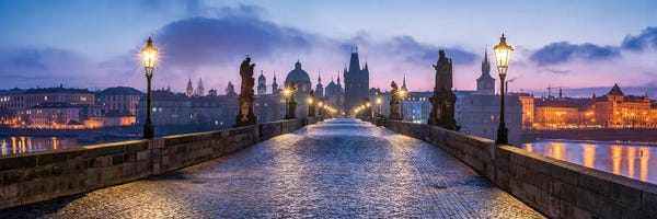 Bridges: Panoramic View Of The Charles Bridge In Prague At Dusk, Czech Republic by Jan Becke
