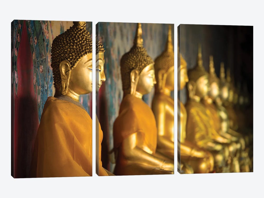 Golden Buddha Statues At Wat Arun, Bangkok, Thailand by Jan Becke 3-piece Canvas Art Print