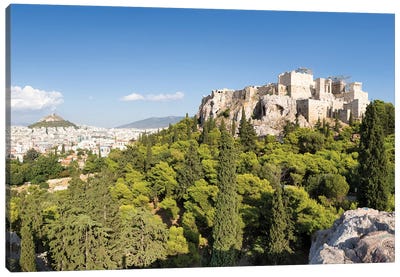 Acropolis Of Athens And Lykabettus Hill, Greece Canvas Art Print - Athens Art