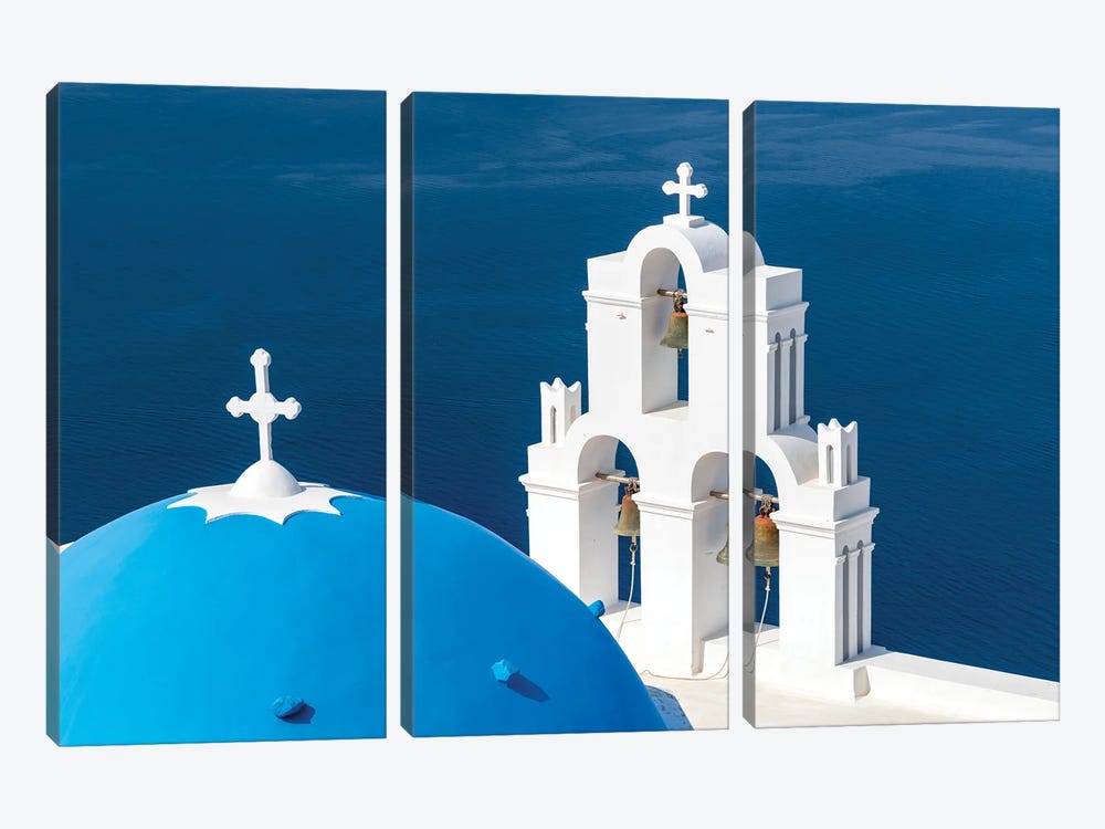 Catholic Church Of The Dormition Also Known As The Three Bells Of Fira, Santorini, Greece by Jan Becke 3-piece Canvas Print