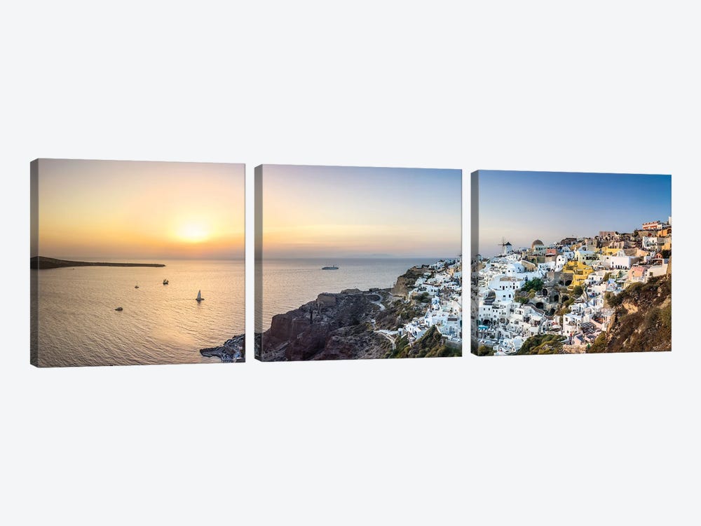 Panoramic Sunset View Of Oia And The Caldera, Santorini, Greece by Jan Becke 3-piece Canvas Art Print