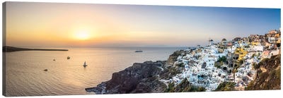 Panoramic Sunset View Of Oia And The Caldera, Santorini, Greece Canvas Art Print - Santorini Art
