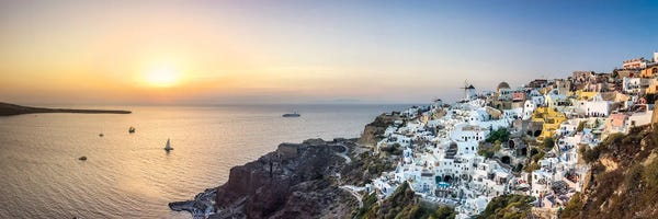 Aerial Photography: Panoramic Sunset View Of Oia And The Caldera, Santorini, Greece by Jan Becke