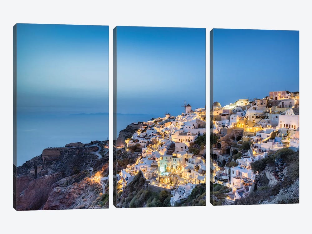 Town Of Oia At Night, Santorini, Greece by Jan Becke 3-piece Canvas Print