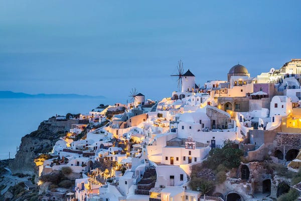 Aerial Photography: Village Of Oia At Night, Santorini, Greece by Jan Becke
