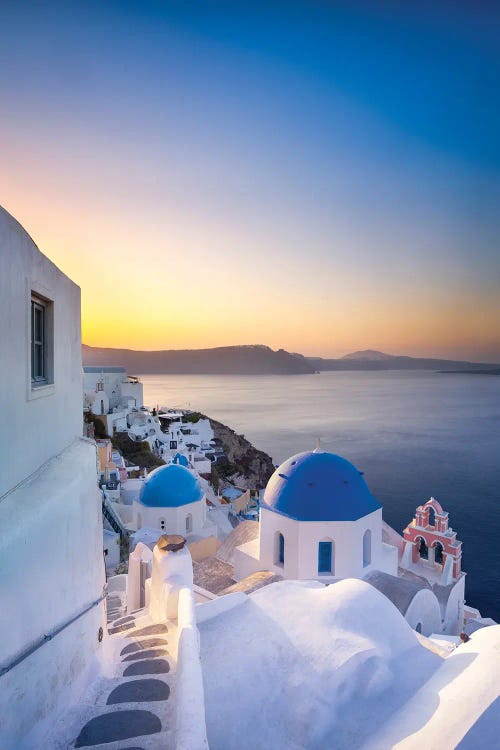 Sunrise Over The Blue Rooftops In Oia, Santorini, Greece