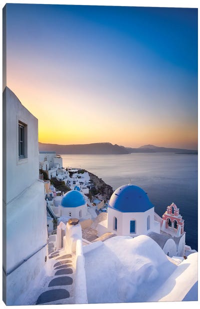 Sunrise Over The Blue Rooftops In Oia, Santorini, Greece Canvas Art Print - Famous Places of Worship