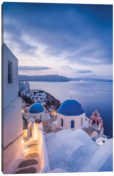 Town Of Oia At Dusk, Santorini, Greece Canvas Art Print - Famous Places of Worship