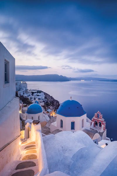 Famous Places Of Worship: Town Of Oia At Dusk, Santorini, Greece by Jan Becke