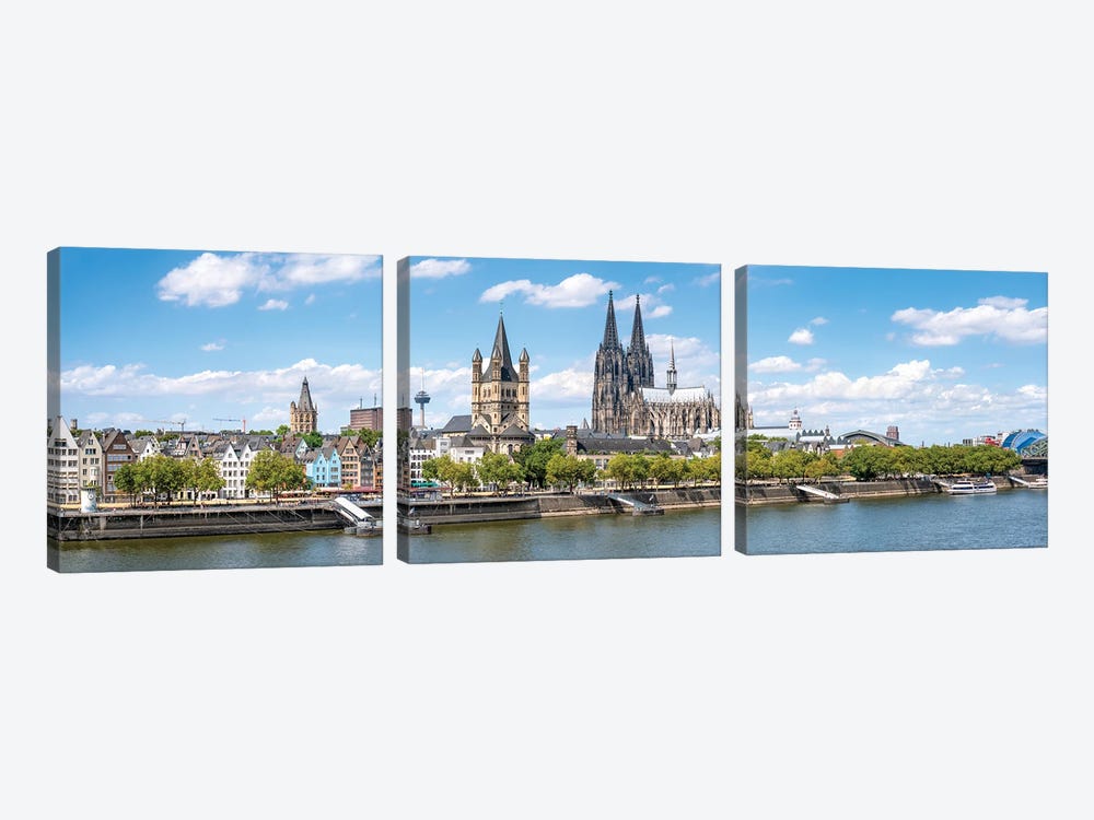 Panoramic View Of The Cologne Cathedral And Great St. Martin Church Along The Banks Of The Rhine River, Cologne, Germany by Jan Becke 3-piece Canvas Art Print