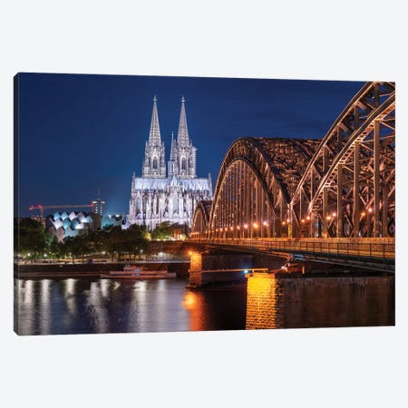 Aerial View Of The Cologne Cathedral And Hohenzollern Bridge At Night Canvas Print #JNB1221} by Jan Becke Canvas Artwork