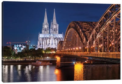 Aerial View Of The Cologne Cathedral And Hohenzollern Bridge At Night Canvas Art Print - Aerial Photography