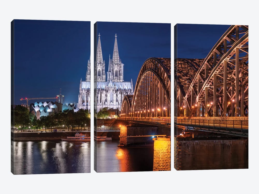 Aerial View Of The Cologne Cathedral And Hohenzollern Bridge At Night by Jan Becke 3-piece Canvas Art
