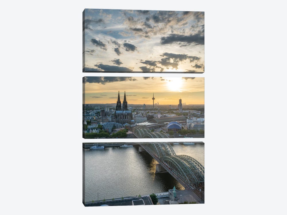 Aerial View Of Cologne At Sunset With View Of The Cologne Cathedral And Hohenzollern Bridge by Jan Becke 3-piece Canvas Art Print