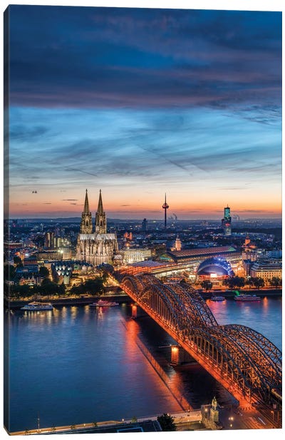 Aerial View Of The Cologne Skyline At Dusk With Cologne Cathedral And Hohenzollern Bridge Canvas Art Print