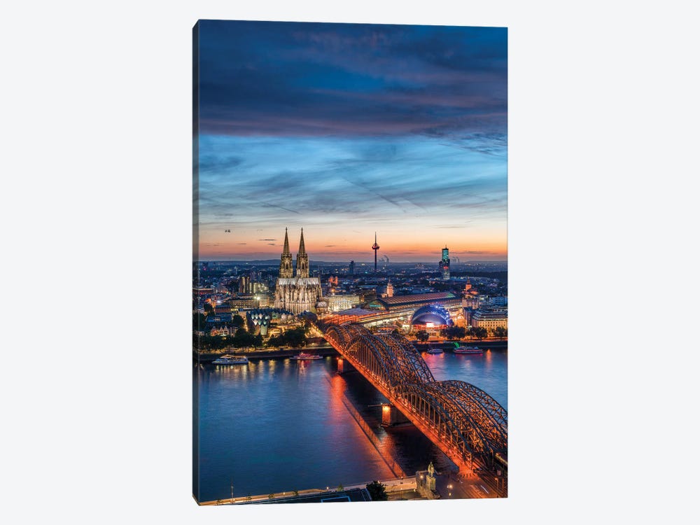 Aerial View Of The Cologne Skyline At Dusk With Cologne Cathedral And Hohenzollern Bridge by Jan Becke 1-piece Canvas Art