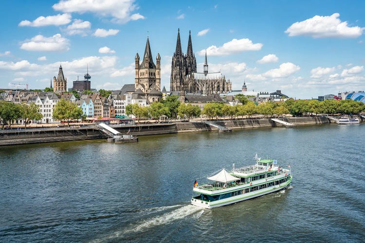 City Of Cologne Along The Rhine River With Cologne Cathedral And Great St. Martin Church