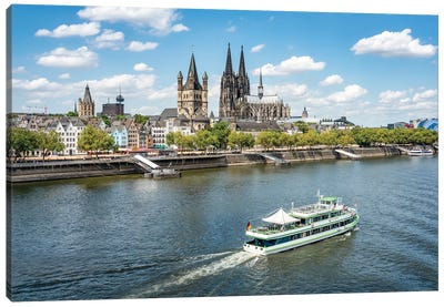 City Of Cologne Along The Rhine River With Cologne Cathedral And Great St. Martin Church Canvas Art Print - Cologne