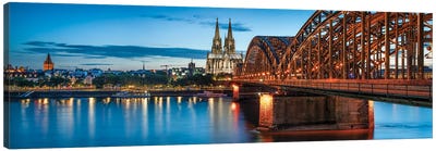 Panoramic View Of The Cologne Skyline With Cologne Cathedral And Hohenzollernbrücke At Night Canvas Art Print
