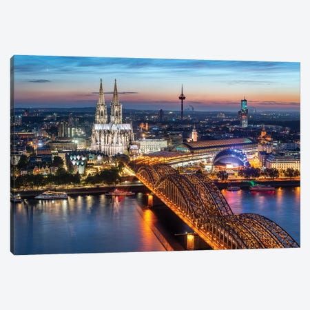 Aerial View Of Cologne With Cologne Cathedral And Hohenzollern Bridge At Dusk Canvas Print #JNB1230} by Jan Becke Canvas Art Print