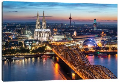 Aerial View Of Cologne With Cologne Cathedral And Hohenzollern Bridge At Dusk Canvas Art Print - Cologne
