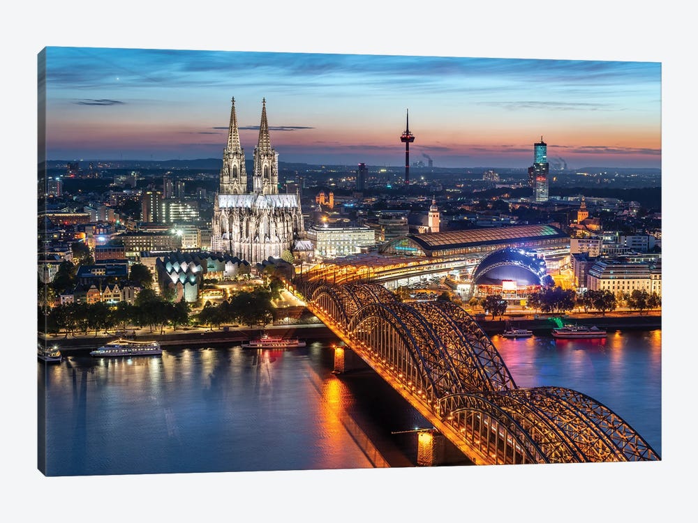 Aerial View Of Cologne With Cologne Cathedral And Hohenzollern Bridge At Dusk by Jan Becke 1-piece Canvas Art