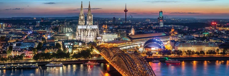 Aerial View Of Cologne With Cologne Cathedral And Hohenzollern Bridge At Night