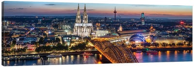 Aerial View Of Cologne With Cologne Cathedral And Hohenzollern Bridge At Night Canvas Art Print - Cologne