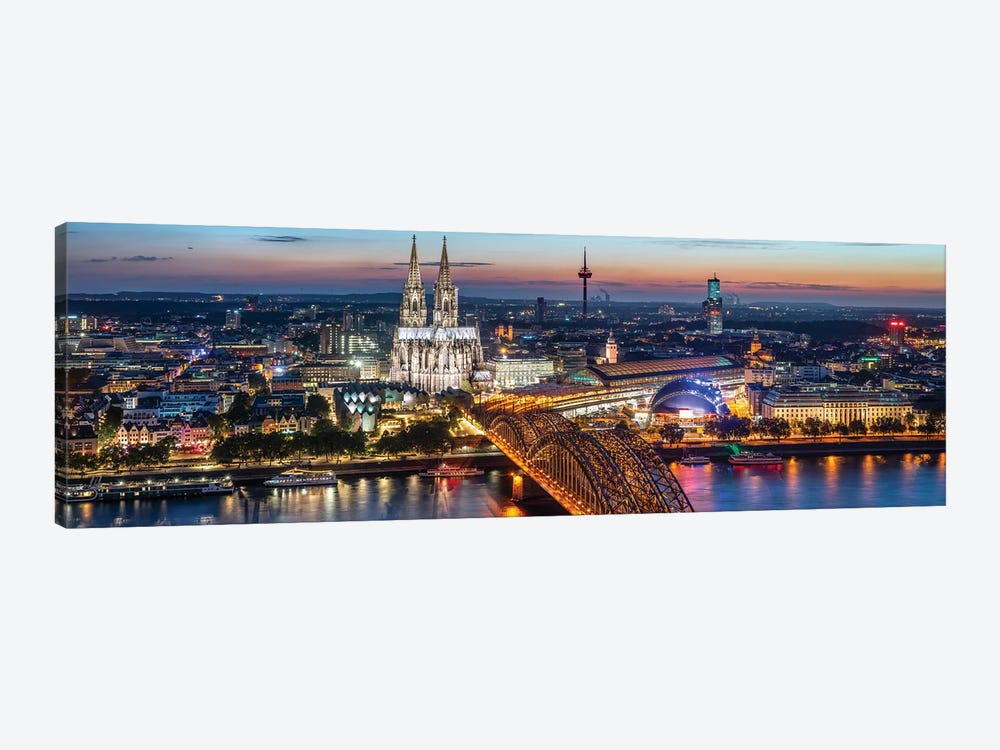 Aerial View Of Cologne With Cologne Cathedral And Hohenzollern Bridge At Night by Jan Becke 1-piece Canvas Wall Art