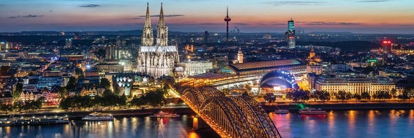 Cologne: Aerial View Of Cologne With Cologne Cathedral And Hohenzollern Bridge At Night by Jan Becke