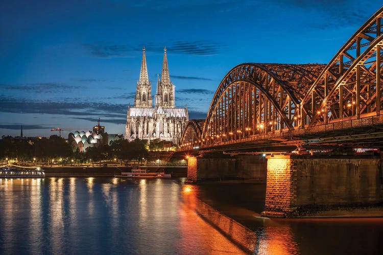 Cologne Skyline At Night With Cologne Cathedral And Hohenzollern Bridge