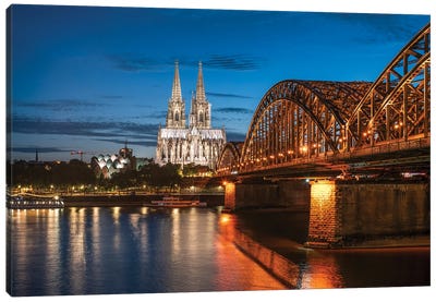 Cologne Skyline At Night With Cologne Cathedral And Hohenzollern Bridge Canvas Art Print - Cologne