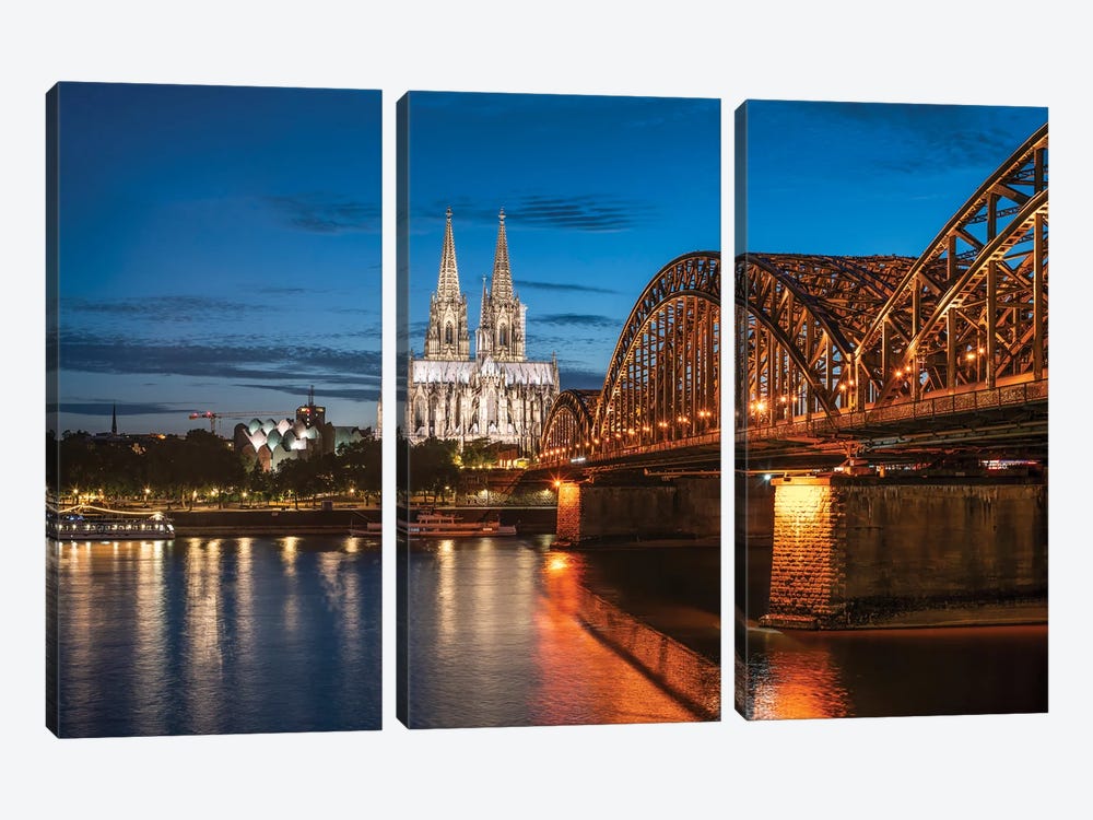 Cologne Skyline At Night With Cologne Cathedral And Hohenzollern Bridge by Jan Becke 3-piece Canvas Art