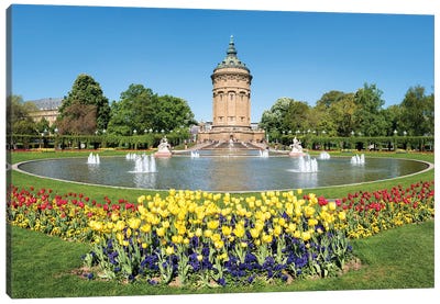 Beautiful Tulip Flowers At The Mannheim Wasserturm In Spring, Baden-Württemberg, Germany Canvas Art Print - Fountain Art