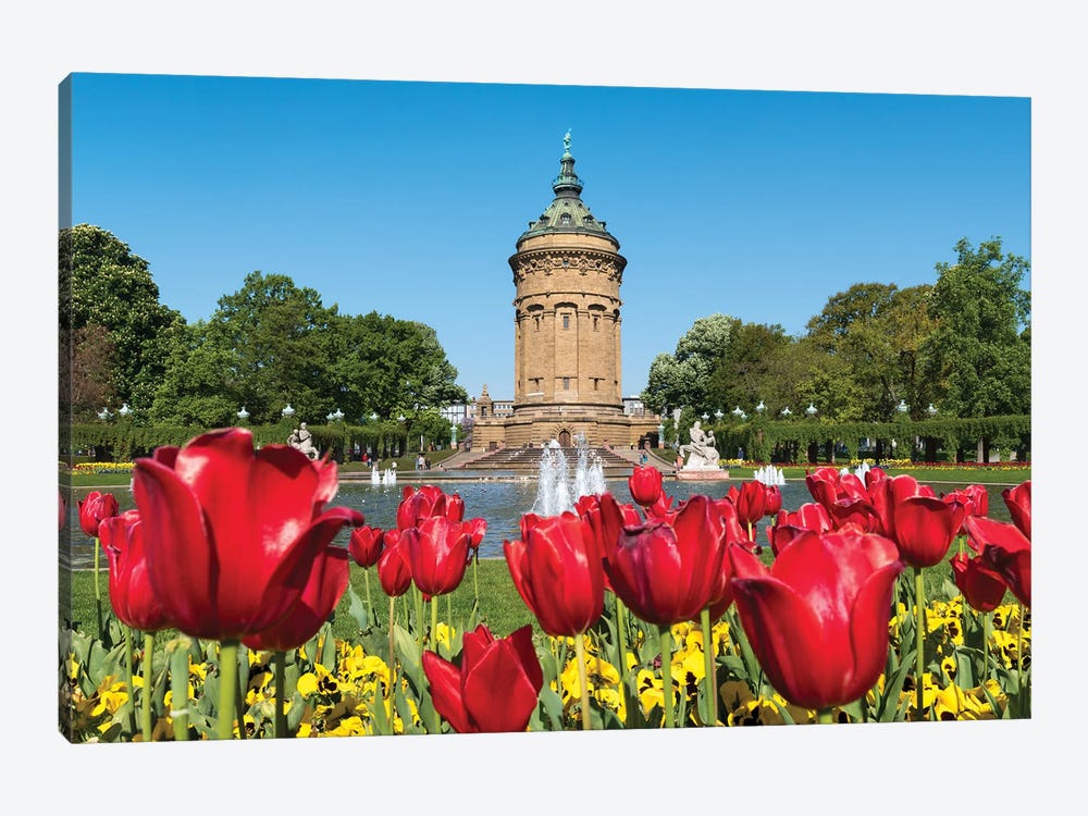Red Tulip Flowers At The Mannheim Wasserturm In Spring, Baden-Württemberg, Germany by Jan Becke 1-piece Canvas Art Print
