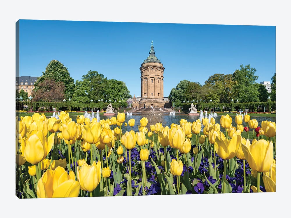 Tulip Flowers At The Wasserturm In Mannheim In Spring by Jan Becke 1-piece Canvas Wall Art