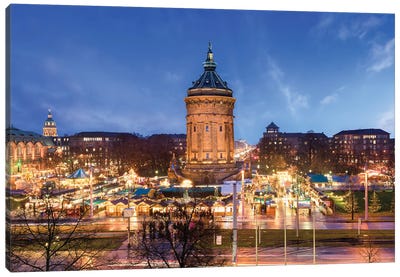 Christmas Market At The Wasserturm In Mannheim Canvas Art Print - Germany Art