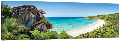 Panoramic View Of Grand Anse Beach, La Digue Island, Seychelles Canvas Art Print - Seychelles