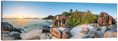 Panoramic View Of Anse Source D'Argent Beach At Sunset, La Digue, Seychelles Canvas Art Print - Seychelles