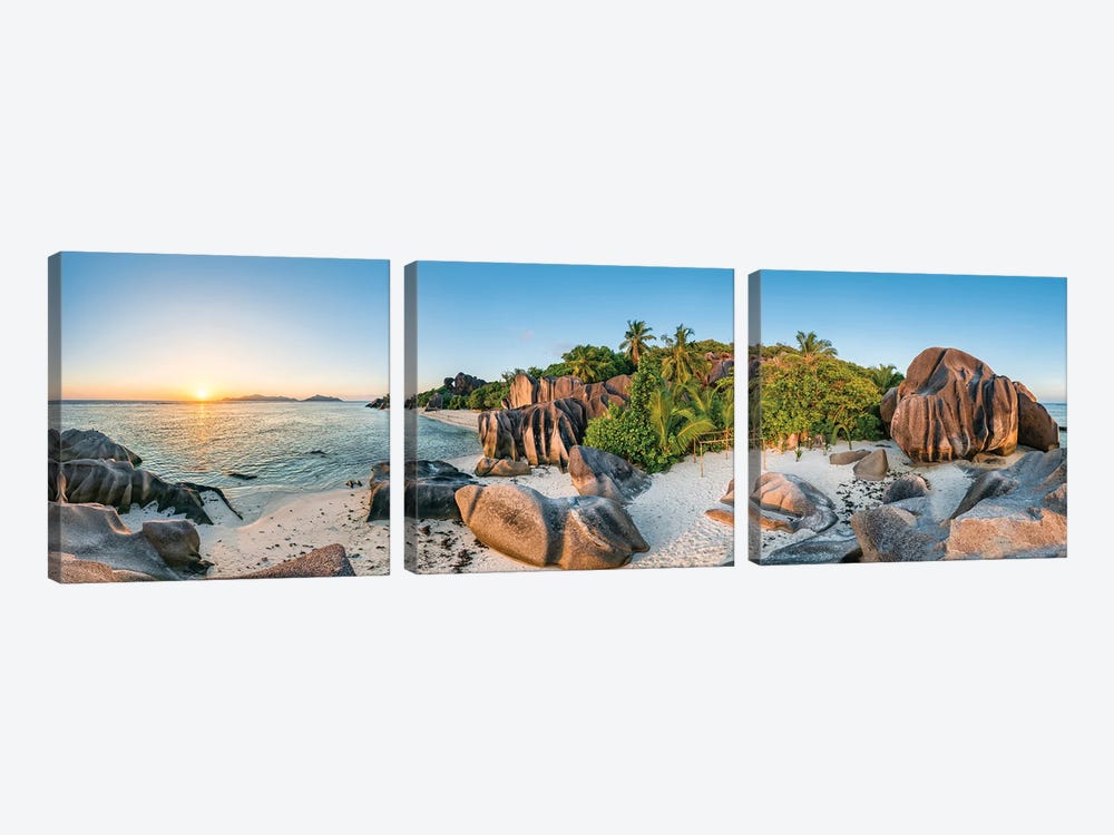 Panoramic View Of Anse Source D'Argent Beach At Sunset, La Digue, Seychelles by Jan Becke 3-piece Canvas Art Print