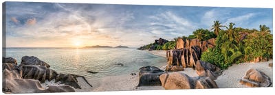 Panoramic Sunset View At Anse Source D'Argent Beach, La Digue, Seychelles Canvas Art Print - La Digue