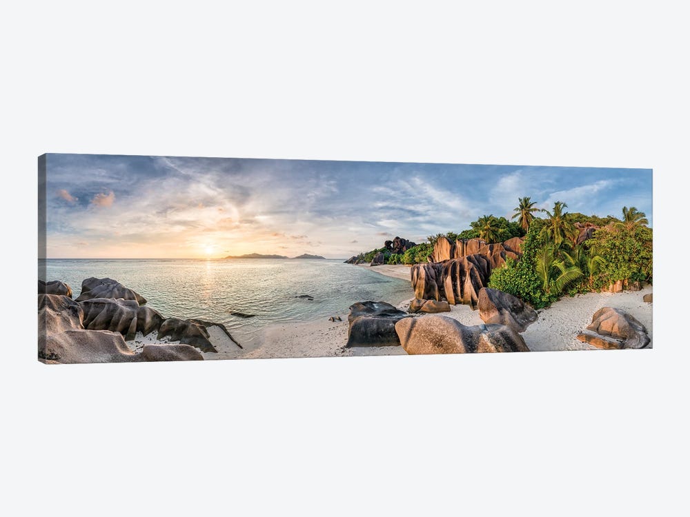 Panoramic Sunset View At Anse Source D'Argent Beach, La Digue, Seychelles by Jan Becke 1-piece Canvas Art Print