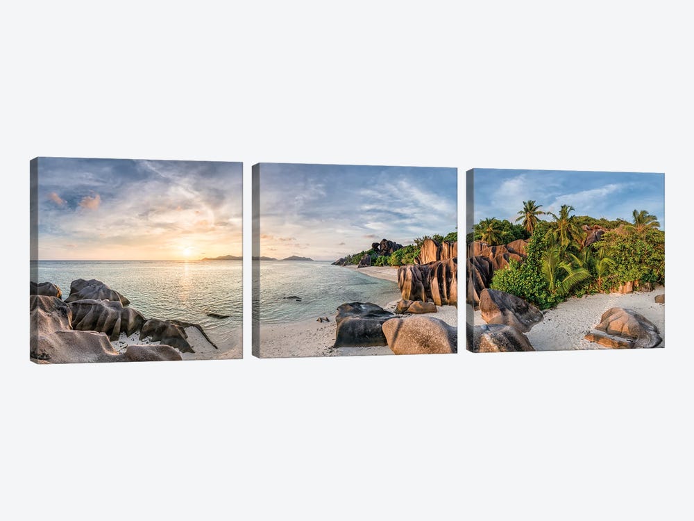 Panoramic Sunset View At Anse Source D'Argent Beach, La Digue, Seychelles by Jan Becke 3-piece Canvas Art Print