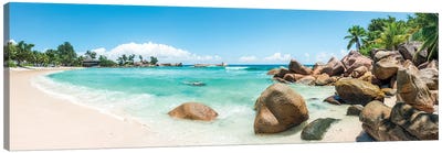 Panoramic View Of A Tropical Beach On The Island Of Praslin, Seychelles Canvas Art Print - Jan Becke