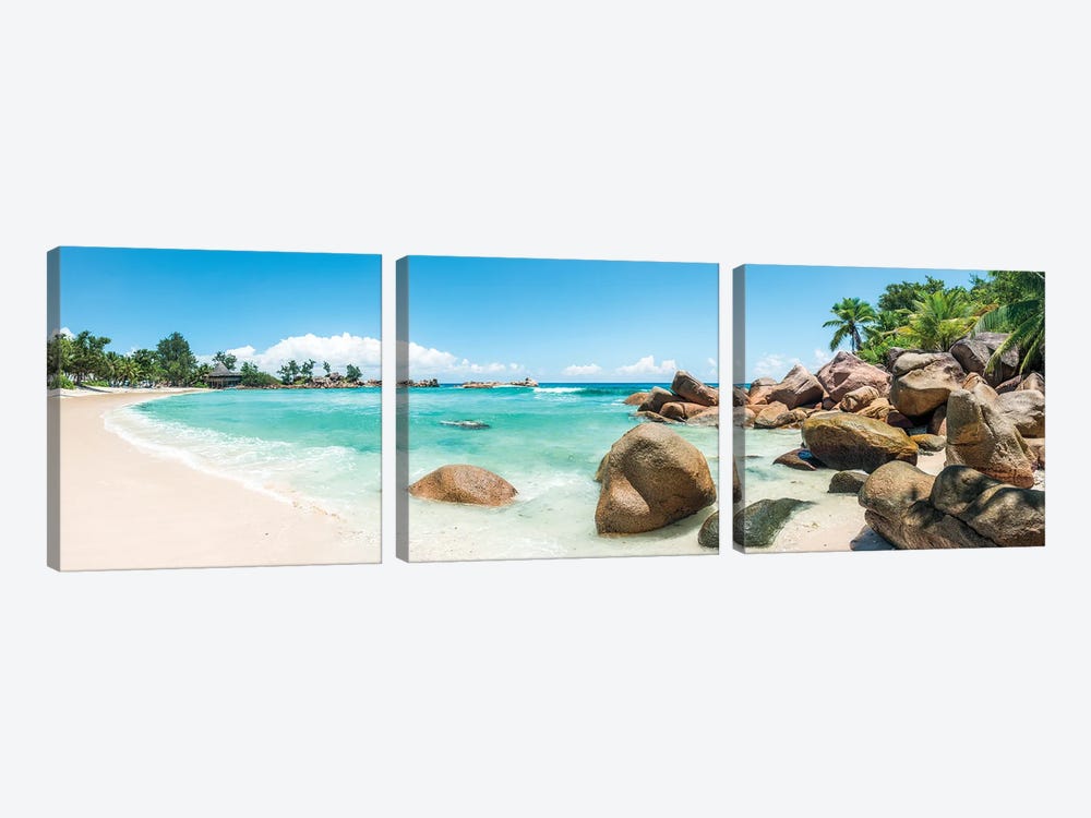 Panoramic View Of A Tropical Beach On The Island Of Praslin, Seychelles by Jan Becke 3-piece Canvas Art Print