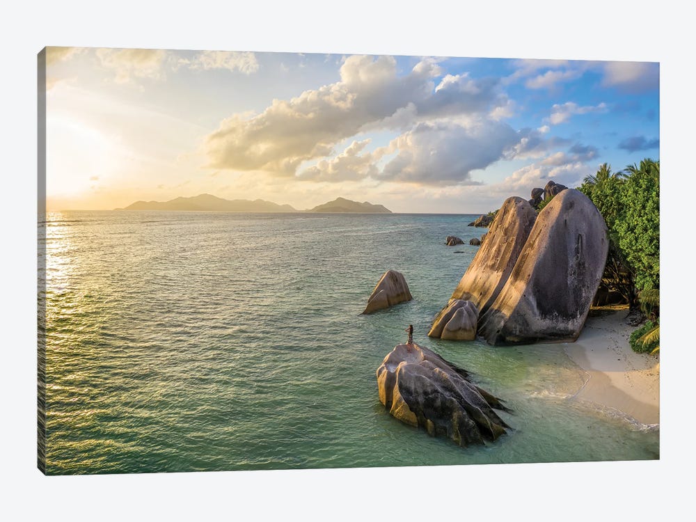 Aerial View Of Anse Source D'Argent Beach At Sunset, La Digue, Seychelles by Jan Becke 1-piece Canvas Artwork