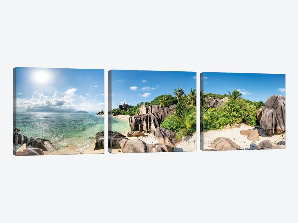 Panoramic View Of The Anse Source D'Argent Beach On La Digue, Seychelles by Jan Becke 3-piece Canvas Art