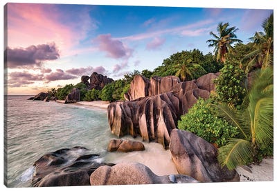 Sunset At The Beach Anse Source D'Argent, La Digue, Seychelles Canvas Art Print - Seychelles